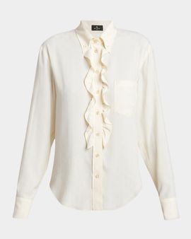 Etro Paisley Silk Jacquard Ruffle Button-Down Shirt