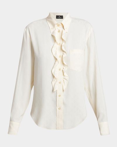 Etro Paisley Silk Jacquard Ruffle Button-Down Shirt