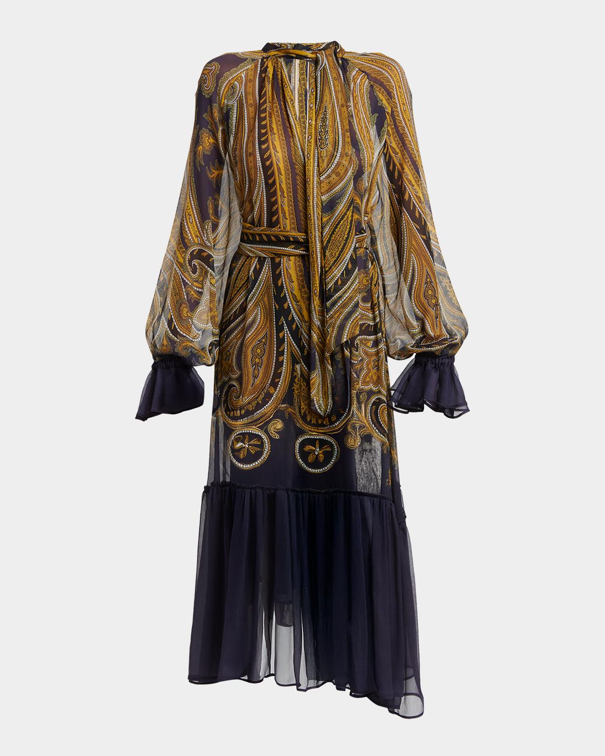 Etro Paisley Silk Neck-Scarf Long-Sleeve Ruffle Midi Dress