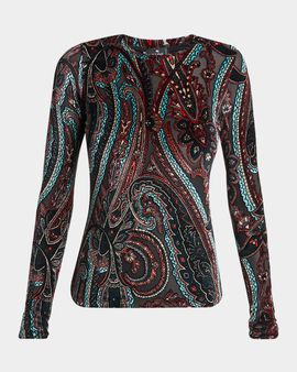Etro Paisley Velvet Burnout Jersey Long-Sleeve Top