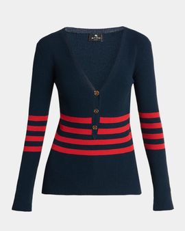 Etro Striped Rib Knit V-Neck Henley Sweater
