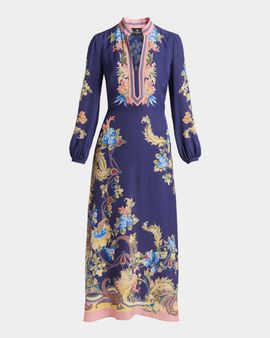 Etro V-Neck Floral-Print Long-Sleeve Midi Dress