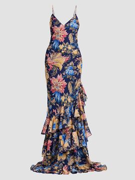 Etro Women's Botanical-Print Tiered Ruffled Gown
