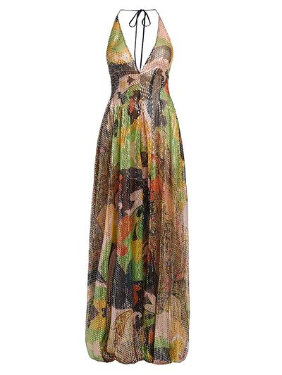 Etro Women's Metallic Lotus Paisley Silk Halter Gown