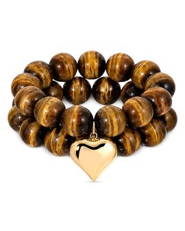 Ettika Ettika Luck and Love Heart Charm Tiger's Eye Beaded Stretch Bracelets, Set of 2