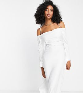 Ever New Ever New Bridal cold shoulder cowl midi dress with thigh slit in ivory-White