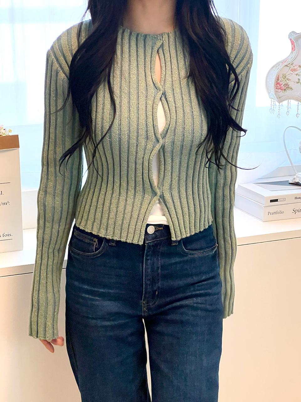 EVMOIU Eco Vintage Denim Crop Cardigan [Moss Green]
