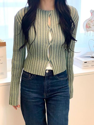 EVMOIU Eco Vintage Denim Crop Cardigan [Moss Green]