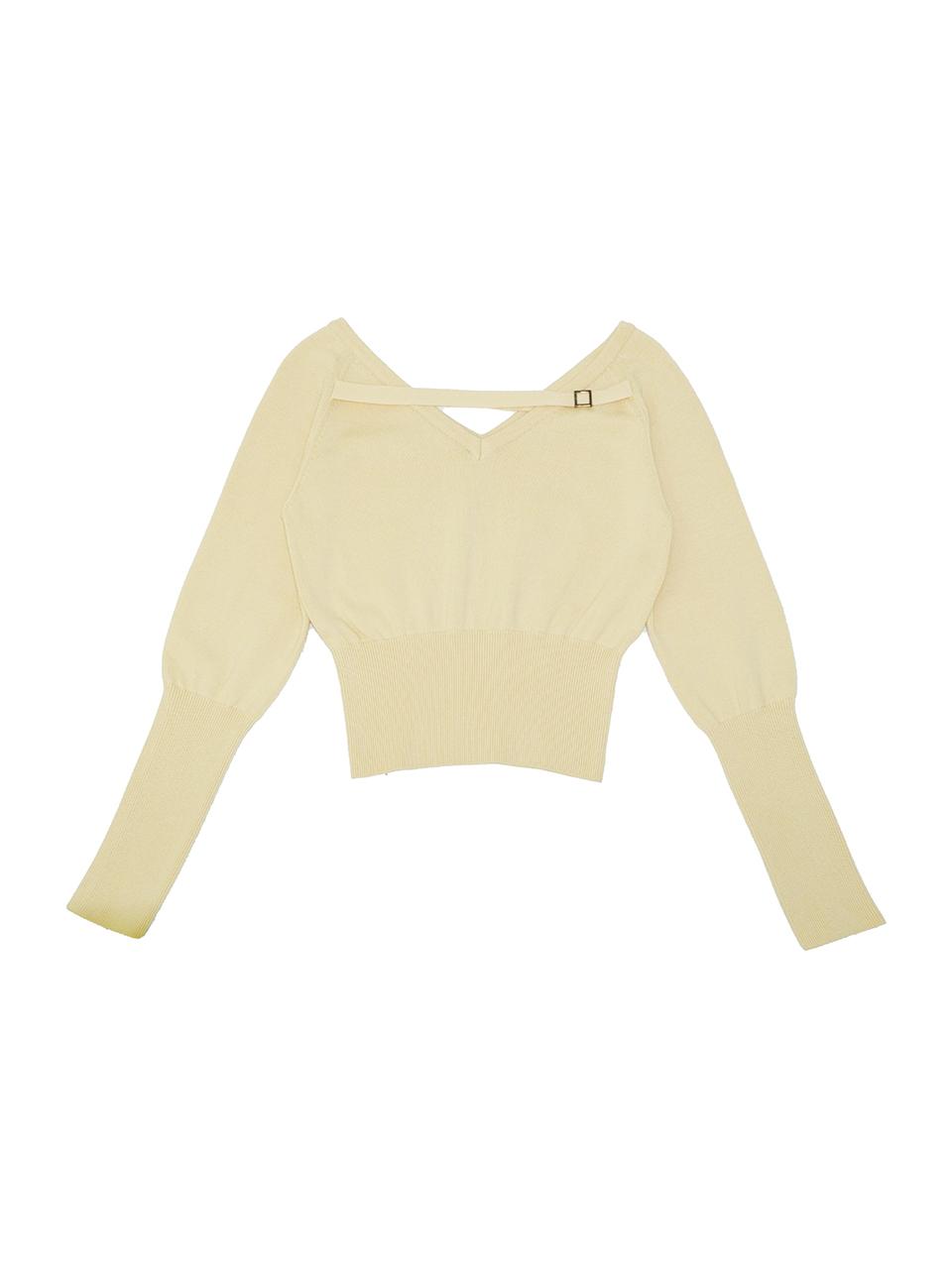 EVMOIU Two-Way V-Neck Off-Shoulder Metal Accent Sweater [Buttery Yellow]