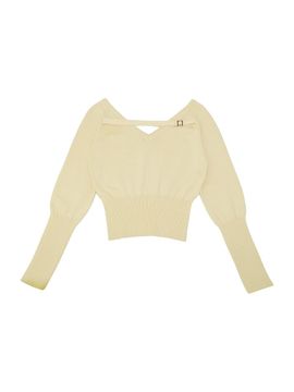 EVMOIU Two-Way V-Neck Off-Shoulder Metal Accent Sweater [Buttery Yellow]