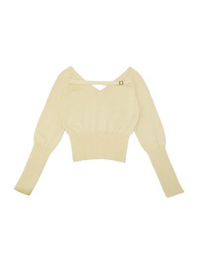 EVMOIU Two-Way V-Neck Off-Shoulder Metal Accent Sweater [Buttery Yellow]