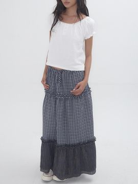 EXPIRED GIRL Frill Check Maxi Skirt [Navy]