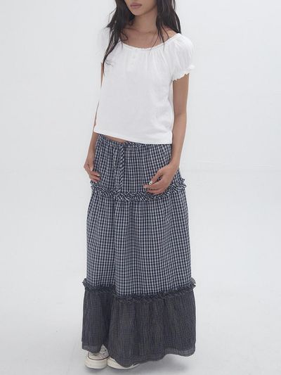 EXPIRED GIRL Frill Check Maxi Skirt [Navy]