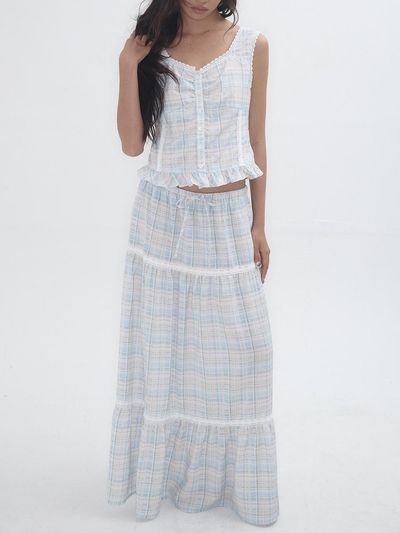 EXPIRED GIRL Lace Check Maxi Skirt [Pale Blue]