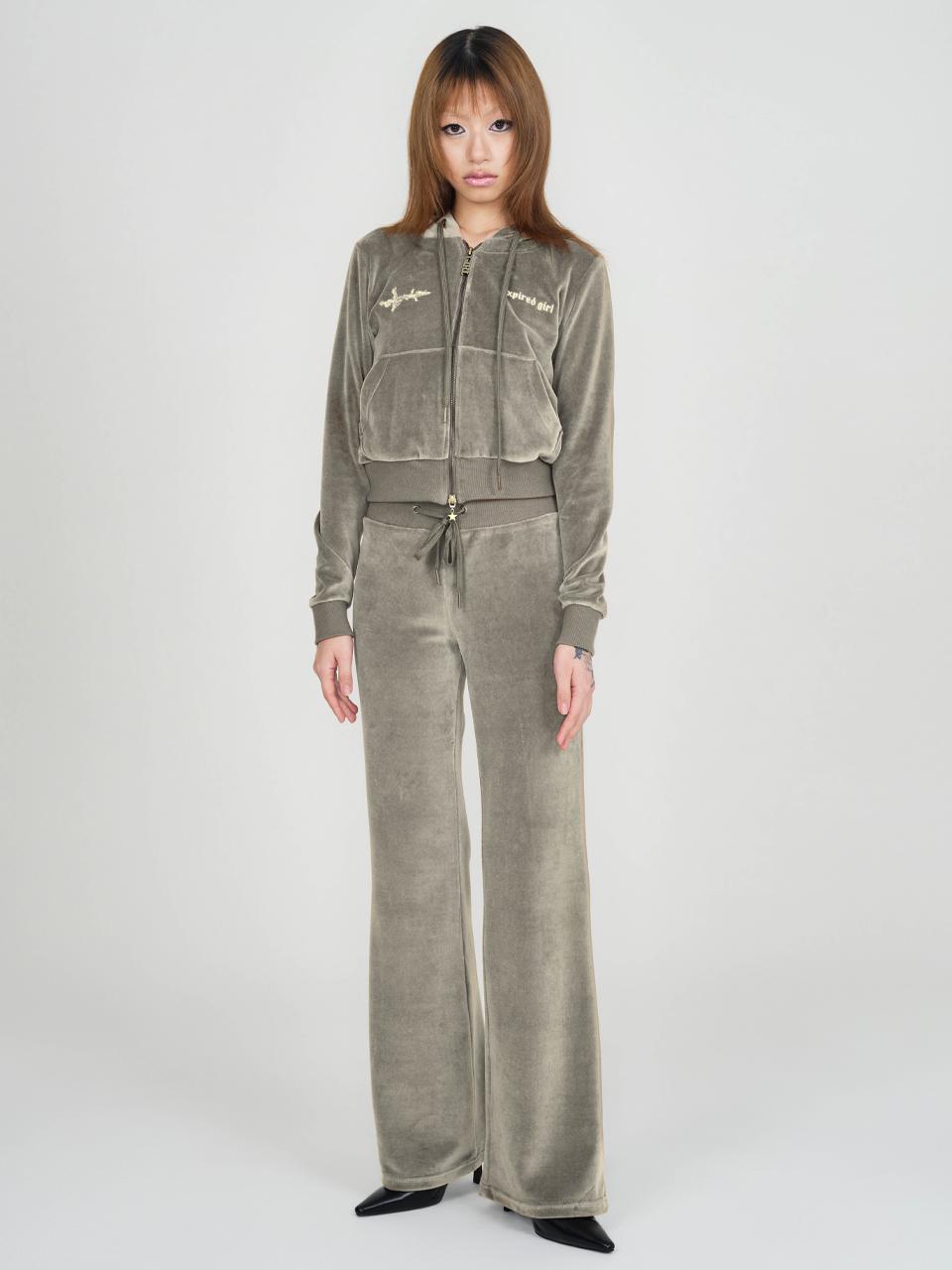 EXPIRED GIRL Velour Wide-leg Semi-low Waist Track Pants [Moss Green]