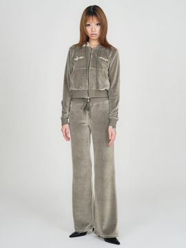 EXPIRED GIRL Velour Wide-leg Semi-low Waist Track Pants [Moss Green]