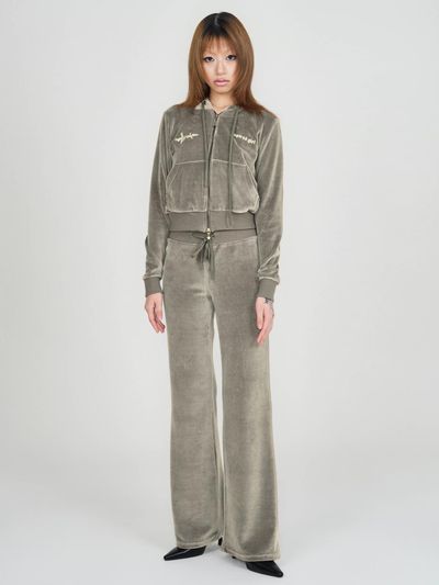 EXPIRED GIRL Velour Wide-leg Semi-low Waist Track Pants [Moss Green]