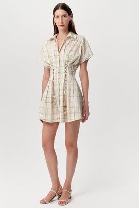 Exquise Exquise Alberge Short Sleeve Tie Waist Plaid Mini Dress