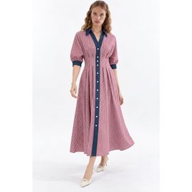 Exquise Exquise Denim Trim Raglan Sleeve Pleated Midi Dress