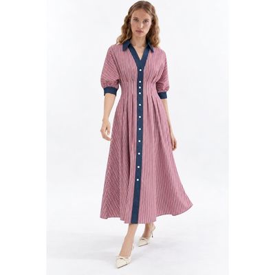 Exquise Exquise Denim Trim Raglan Sleeve Pleated Midi Dress