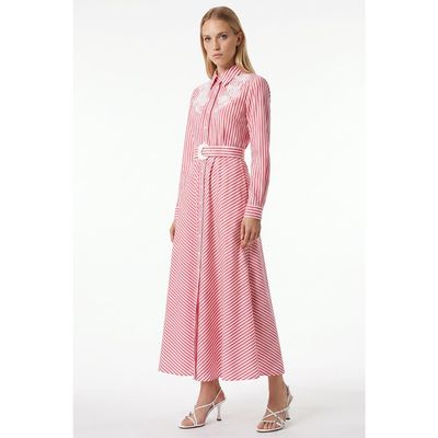 Exquise Exquise Embroidered Long Sleeve Midi Shirt Dress With Belt 