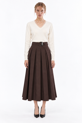 Exquise Exquise High Waist Pleated Midi Skirt With Buckle Belt