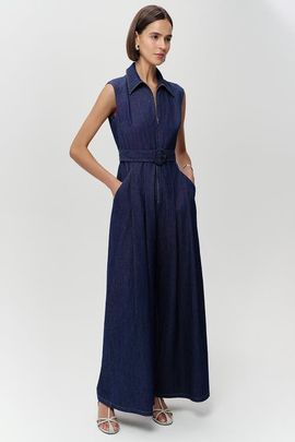 Exquise Exquise Keith Sleeveless Front Zipper Belted Denim Jumpsuit