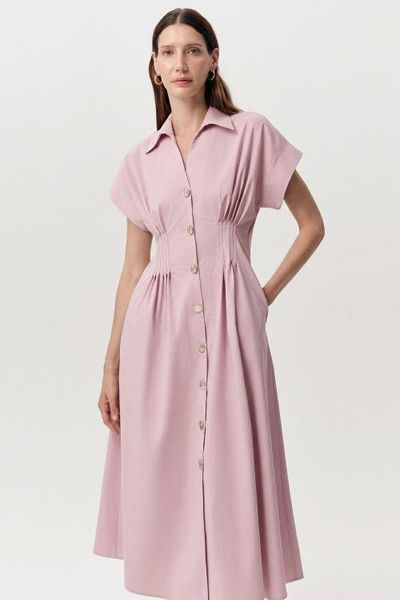 Exquise Exquise Reilly Shirt Collar Elastic Waist Midi Dress