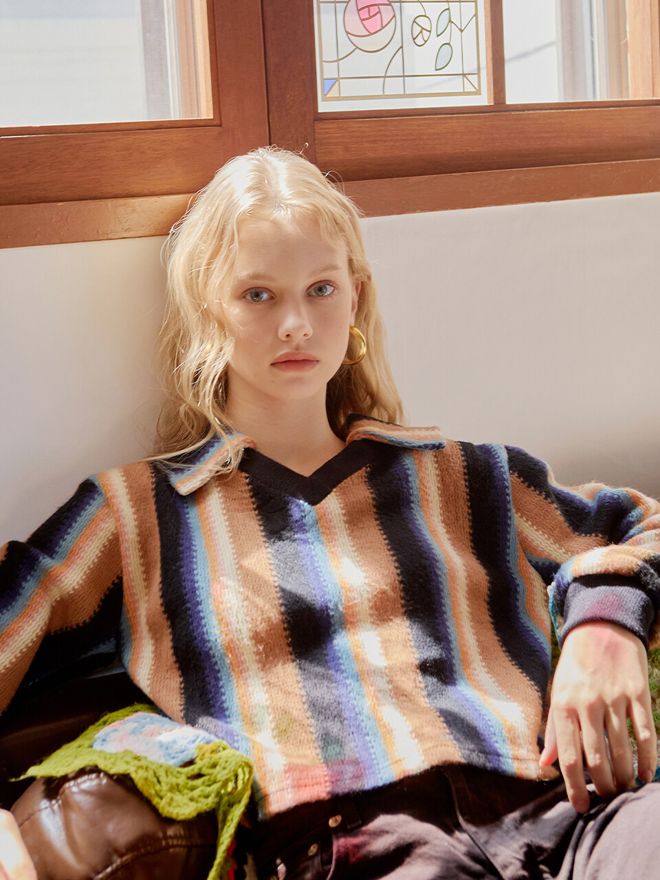 FABER FINGER Open Collar Stripe Knit Top_Orange