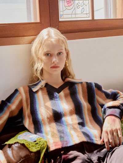 FABER FINGER Open Collar Stripe Knit Top_Orange