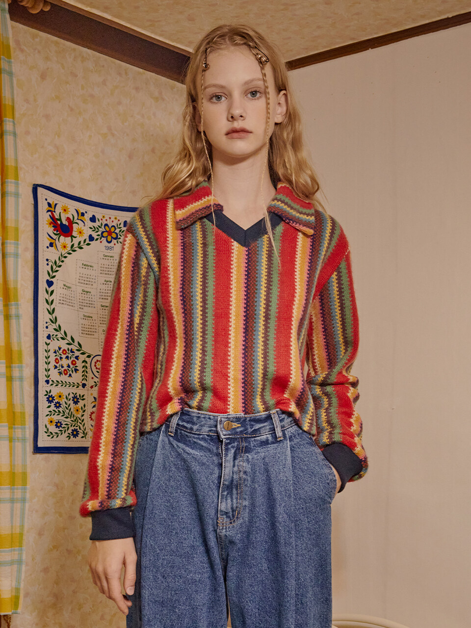 FABER FINGER Open Collar Stripe Knit Top_Red