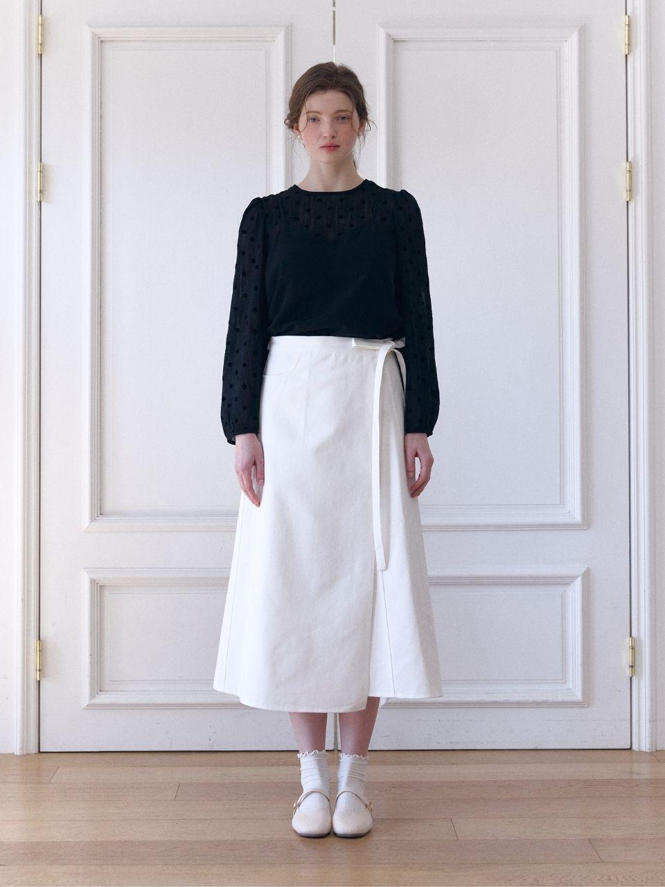 FABRIC SEOUL Cotton Wrap Ribbon Long Skirt [Ivory]