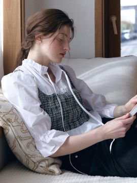 FABRIC SEOUL Tweed Ribbon Puff Sleeve Blouse [Black]