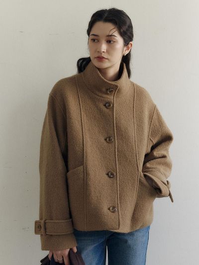 Fabricology High Neck Wool Boucle Short Coat [Brown/Navy]
