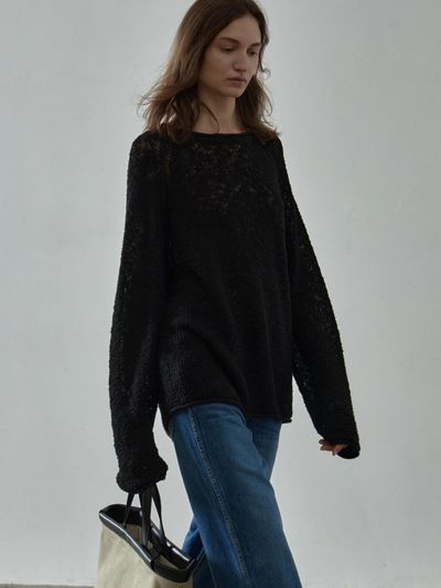 FACADE PATTERN Cotton Boat Neck Knit Sweater [Black]