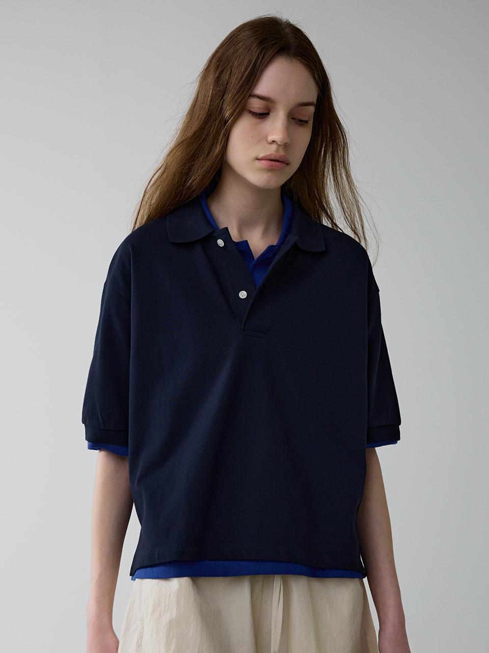 FACADE PATTERN Crop Collar T-shirt_Navy