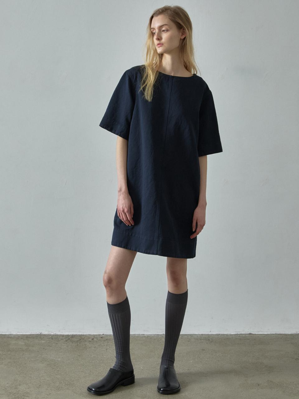 FACADE PATTERN Linen Half Sleeve Dress [Navy]