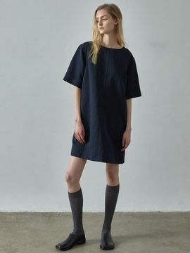 FACADE PATTERN Linen Half Sleeve Dress [Navy]