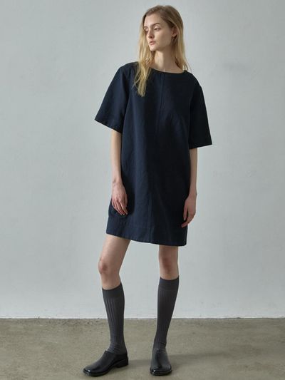 FACADE PATTERN Linen Half Sleeve Dress [Navy]