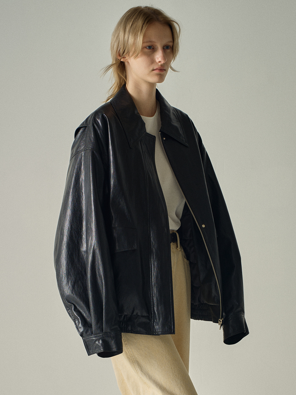 FACADE PATTERN Oversized Leather Blouson - Black