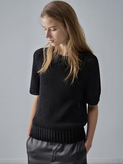 FACADE PATTERN Raglan Half Sleeve Knit Sweater [Black]