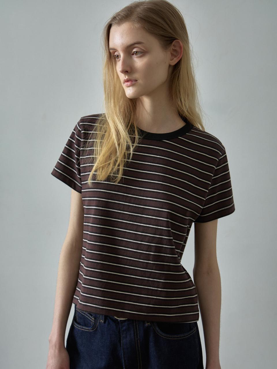 FACADE PATTERN Stripe Crop T-shirt [brown]