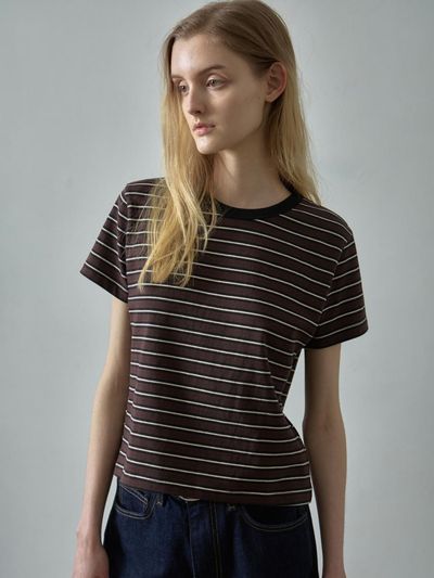 FACADE PATTERN Stripe Crop T-shirt [brown]