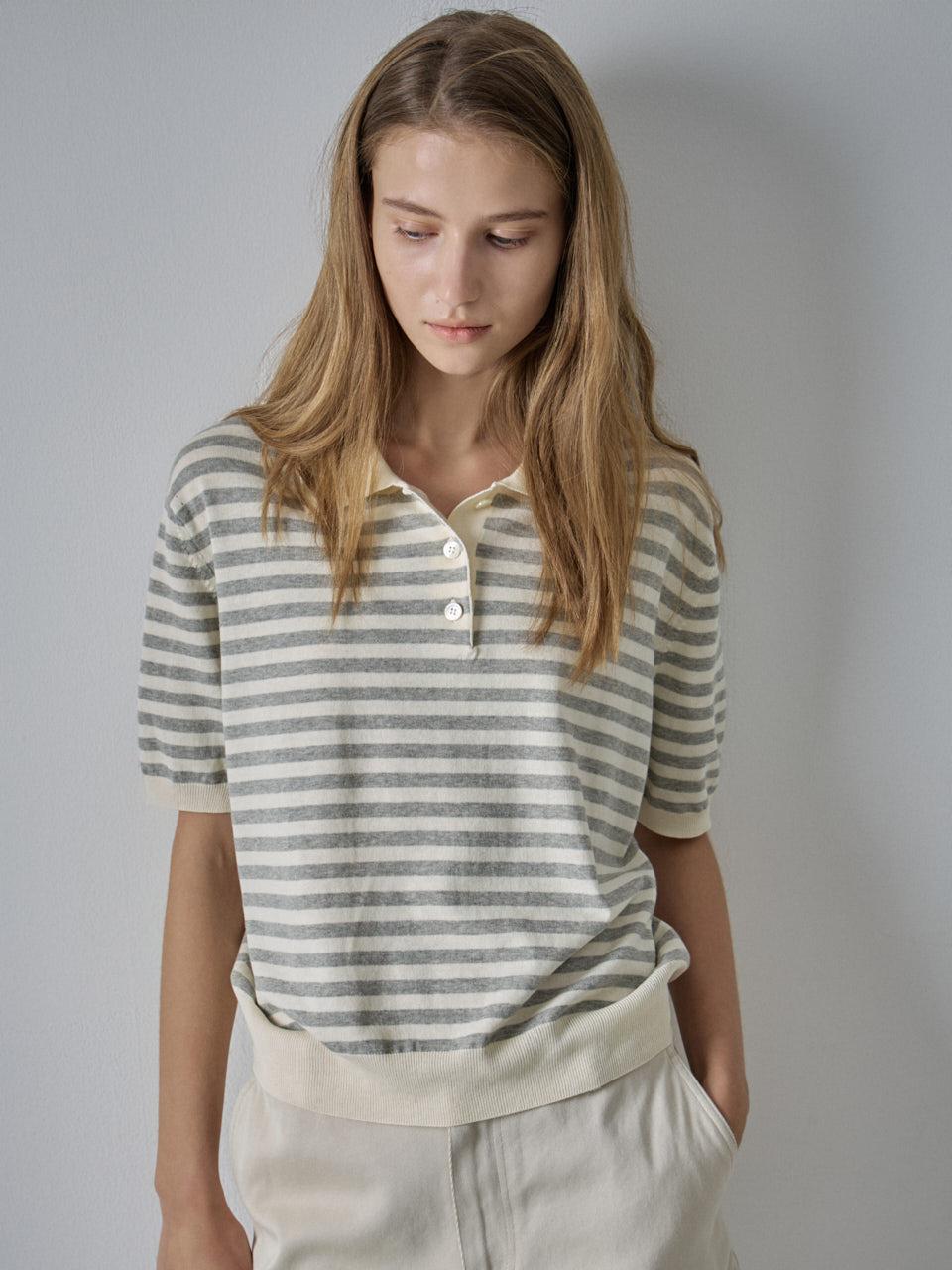 FACADE PATTERN Striped Polo Knit Sweater [Cream]