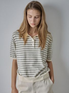 FACADE PATTERN Striped Polo Knit Sweater [Cream]