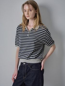 FACADE PATTERN Striped Polo Knit Sweater [Navy]