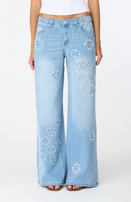 Fade Out Loud Fade Out Loud Maya Floral Appliqué Mid Rise Ultra Wide Leg Jeans