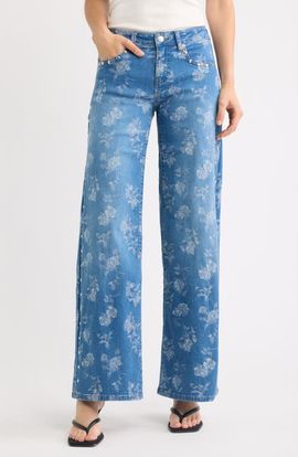 Fade Out Loud Fade Out Loud Rose Jacquard Studded Low Rise Wide Leg Jeans