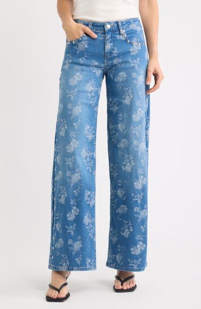 Fade Out Loud Fade Out Loud Rose Jacquard Studded Low Rise Wide Leg Jeans