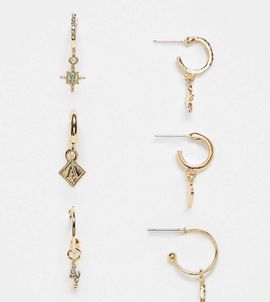 FADED FUTURE Faded Future pack of 3 charm earrings with rhinestones in gold